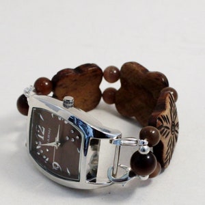 3 Bone Brown.. Flat Carved Bone and Brown Cat's Eye Interchangeable Beaded Watch Band image 1