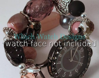 May include: A black watch with a silver heart charm and a variety of colorful beads, including pink, brown, and purple. The watch face is not included. *watch face not included*