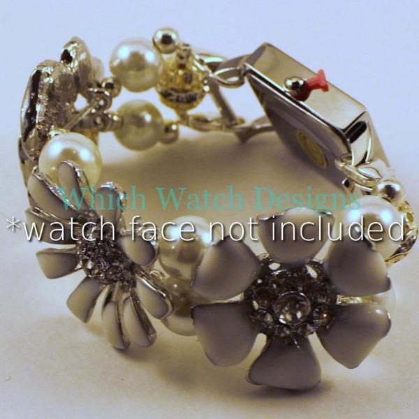 White Floral...White Enameled Flower and Pearl Interchangeable Beaded Watch Band, Petite