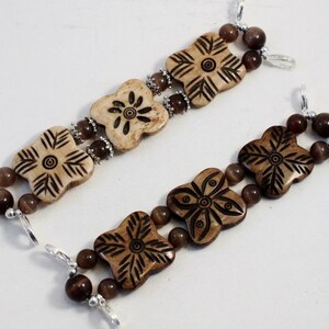 3 Bone Brown.. Flat Carved Bone and Brown Cat's Eye Interchangeable Beaded Watch Band image 2