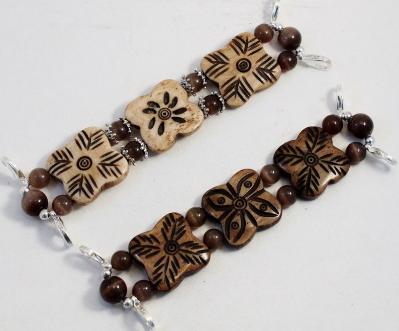 3 Bone Brown.. Flat Carved Bone and Brown Cat's Eye Interchangeable Beaded Watch Band image 2