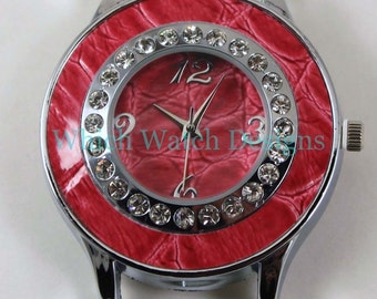 Snakeskin Round.. Large Red Snakeskin and Rhinestone Ribbon Watch Face, Interchangeable