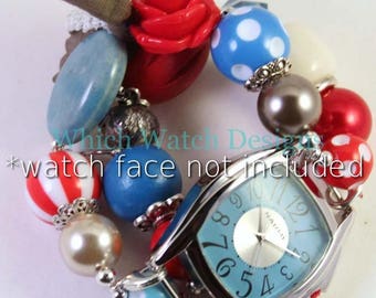 SALE Summer Hues.. Red, Blue, Beige and Taupe Interchangeable Beaded Watch Band