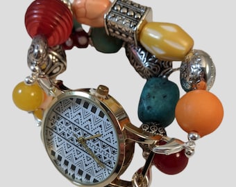 Southwest.. Pulseira de relógio com contas intercambiáveis turquesa, laranja, amarela e vermelha