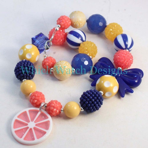 Sunny Citrus.. Chunky Royal Blue, Coral Pink and Yellow Toddler Bubblegum Necklace