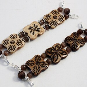 3 Bone Brown.. Flat Carved Bone and Brown Cat's Eye Interchangeable Beaded Watch Band image 4