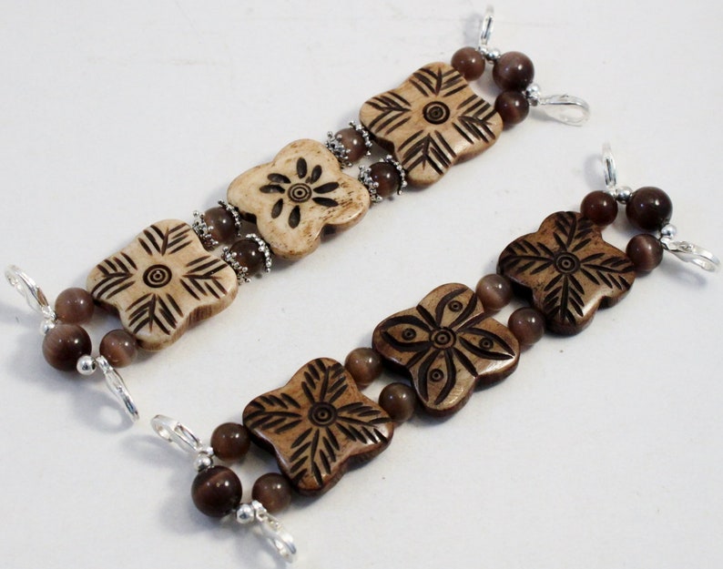 3 Bone Brown.. Flat Carved Bone and Brown Cat's Eye Interchangeable Beaded Watch Band image 4