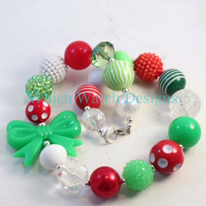 Holly Jolly.. Chunky Lime Green, Red, White and Green Toddler Bubblegum Christmas Necklace image 2