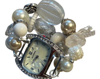 Pearls and Lace.. Stunning White, Cream and Beige Interchangeable Beaded Watch Band