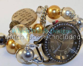 Newsworthy.. Beaded Watch Band, Butter Yellow, Smokey Gray, Silver Plated