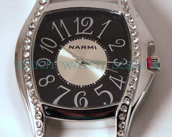 Large Whimsy Bling.. Solid-Bar, Ribbon, Interchangeable, Silver Plated Watch Face, Rhinestones