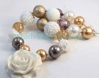 Fancy Girl.. Elegant White, Cream, Gold and Taupe Toddler Bubblegum Necklace, Resin Rose Pendant
