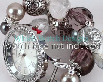 Greige.. Classy White, Gray and Beige Interchangeable Beaded Watch Band, Grey