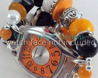 Halloween Time.. Chunky Black and Orange Wood, Resin, Glass and Acrylic Interchangeable Beaded Watch Band