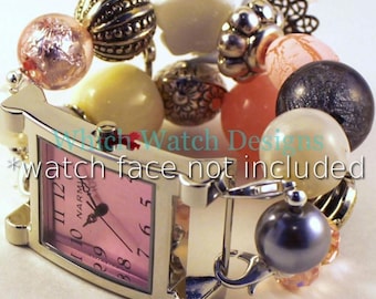 Nostalgia.. Chunky Pink, Ivory and Gray Interchangeable Beaded Watch Band, Charms