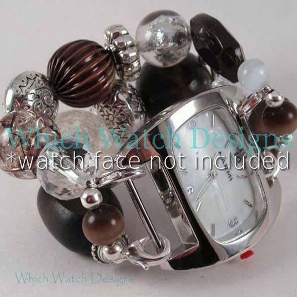 Chocolate Kiss.. Chunky Brown and Clear Interchangeable Watch Band, Silver Plated, Stretchy