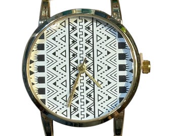 Mostrador de relógio com estampa tribal asteca, banhado a ouro, intercambiável.