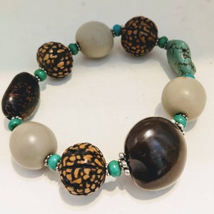 Natural nuts, seeds and turquoise stretch bracelet