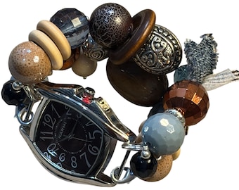 Faded Jeans.. Blue, Cream and Brown Chunky Interchangeable Beaded Watch Band