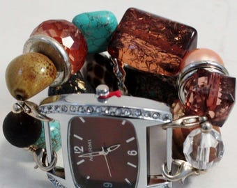 Pulseira de relógio intercambiável com contas, super robusta, turquesa, marrom, preta, cobre e banhada a prata