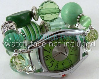 St. Pattys.. Chunky Green Interchangeable Beaded Watch Band, St. Patrick's Day, Acrylic, Silver Plated