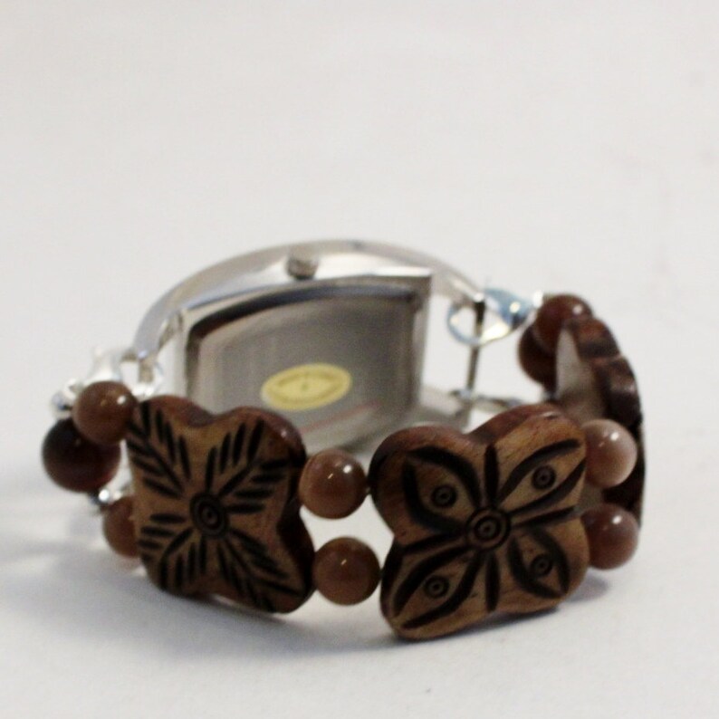 3 Bone Brown.. Flat Carved Bone and Brown Cat's Eye Interchangeable Beaded Watch Band image 3