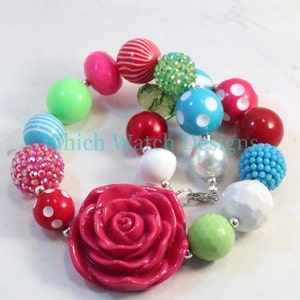Merry and Bright.. Chunky Green, Dark Pink, Blue, Red and White Toddler Bubblegum Necklace