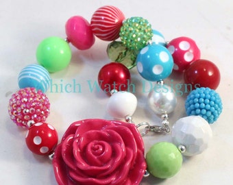 Merry and Bright.. Chunky Green, Dark Pink, Blue, Red and White Toddler Bubblegum Necklace