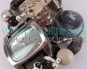 Rauchquarz... Braun, schwarz und grau Stein, Glas und Acryl austauschbare Silber vergoldet Armband, dehnbar