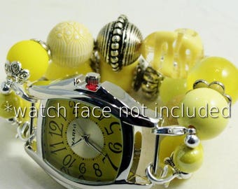 Sunshine Day.. Bright Yellow Chunky Glass and Acrylic Interchangeable Beaded Watch Band, Bracelet Watch