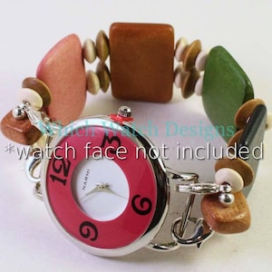 May include: A watch band featuring multi-colored wooden beads in shades of pink, brown, green, and cream, connected by silver-toned metal links. The watch face is pink with black numerals and the text Narmi. Text reads: Which Watch Designs *watch face not included.