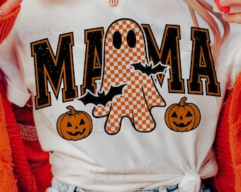 Checkered Halloween Mama Shirt PNG: Retro Spooky Fall Design (Digital Download