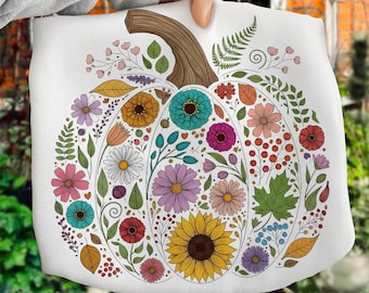 Boho Floral Pumpkin PNG: Retro Autumn Flowers Sublimation (Digital Download