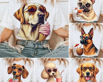 Retro Sommer Hunderassen PNG Bundle: Labrador, Dackel, Bulldogge (Digitaler Download)