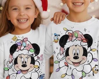 Mickey Couple Christmas Shirt Png, Sublimation Christmas Png, Mouse Mickey And Minni Checkered Png, Christmas Lights Png, Christmas Trip Png