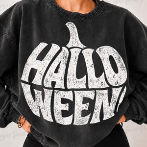 Op de afbeelding: Een antracietkleurige sweater met ronde hals en een grote, verweerde witte afbeelding in de vorm van een pompoen met de tekst HALLOWEEN. Het kledingstuk heeft een vintage gewassen afwerking, lange mouwen en geribbelde boorden.