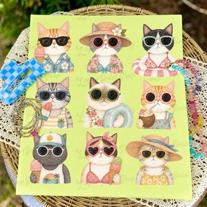 May include: A light green square canvas featuring nine cartoon cats in sunglasses and summer attire. The cats are holding ice cream cones, wearing swimsuits, and enjoying beach accessories. A blue checkered hair clip and beaded jewellery are in the foreground.