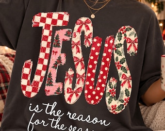 Jesus Is The Reason For The Season PNG Coquette Christian Christmas PNG Preppy Bow Retro Christmas Tree PNG Hand Drawn Gingham Tartan Doodle