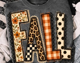 Fall Patchwork PNG, Autumn Applique Sublimation Design, Faux Embroidery Plaid Leopard Checker Shirt Graphic, Thanksgiving PNG