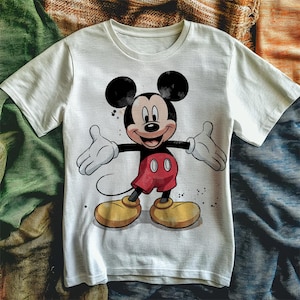 May include: White t-shirt with a cartoon image of Mickey Mouse in a red and black outfit. Mickey Mouse is smiling and has his arms outstretched.