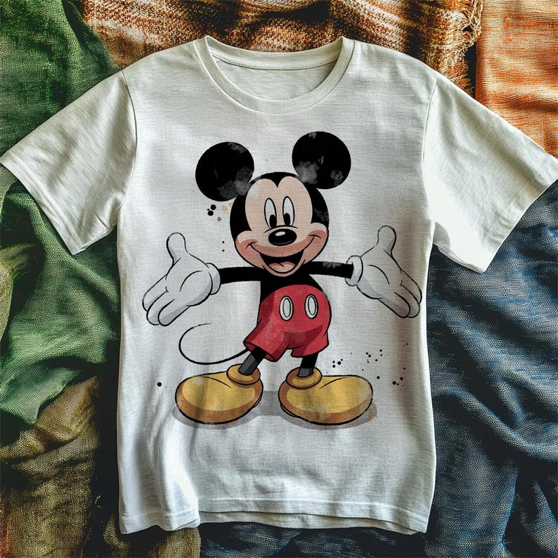 May include: White t-shirt with a cartoon image of Mickey Mouse in a red and black outfit. Mickey Mouse is smiling and has his arms outstretched.