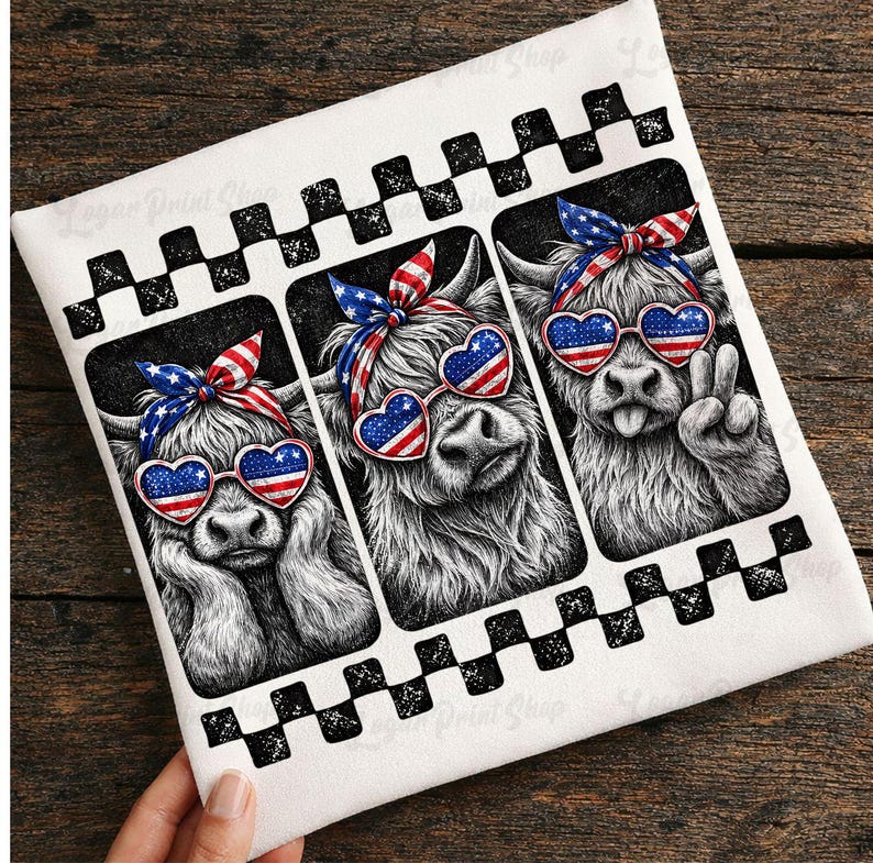 May include: White decorative towel featuring three Highland cows with heart-shaped sunglasses in the colors of the American flag. Each cow wears a patriotic bow. The towel has a black and white checkered border.