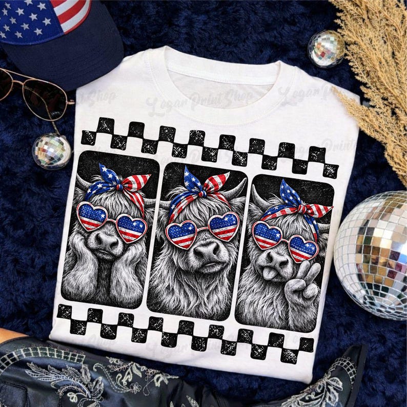 May include: White t-shirt featuring three Highland cows wearing heart-shaped sunglasses with an American flag design and patriotic headbands. The shirt has a black and white checkered border design. A navy blue hat with stars and sunglasses are visible.