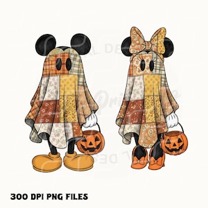 May include: Two cartoon figures dressed as ghosts for Halloween. One figure has a bow and the other has a Mickey Mouse ear design. They are wearing patchwork cloaks in shades of orange, yellow, and brown, and holding jack-o'-lantern buckets. The text "300 DPI PNG FILES" is at the bottom.