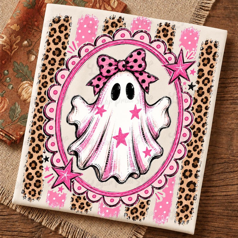 May include: A rectangular print featuring a central white ghost illustration with black eyes, wearing a pink and black polka dot bow. The ghost is framed by a pink scalloped oval, surrounded by pink stars, leopard print stripes, and pink polka dots.