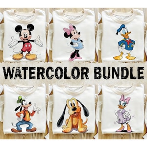 May include: A set of six watercolor-style Disney character designs printed on cream-colored sweatshirts. The designs include Mickey Mouse, Minnie Mouse, Donald Duck, Goofy, Pluto, and Daisy Duck.  WATERCOLOR BUNDLE is printed in black at the bottom of the image.