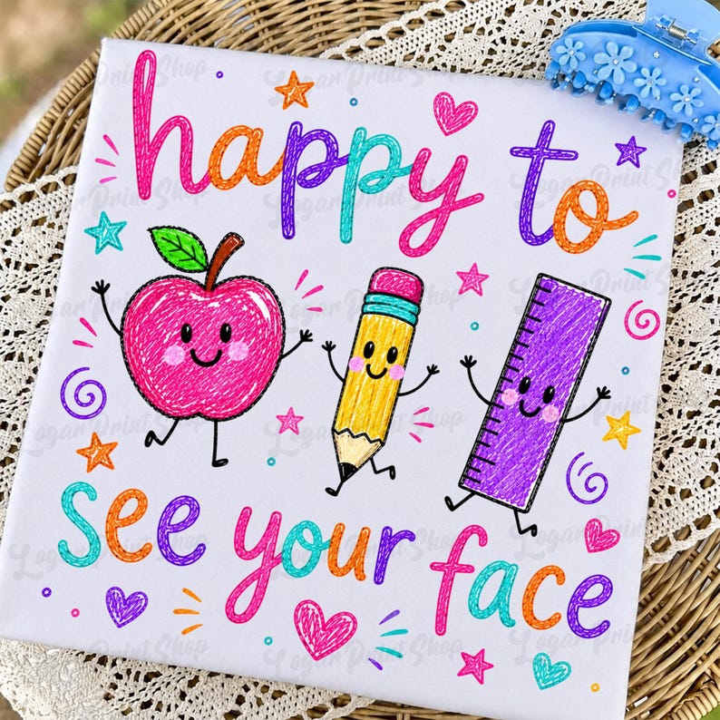 May include: A white square canvas featuring the colorful text "happy to see your face" in a handwritten style. Below the text are three cartoon characters: a pink apple, a yellow pencil, and a purple ruler, all with faces, arms, and legs.
