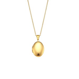 May include: A gold chain necklace with a gold oval locket pendant.