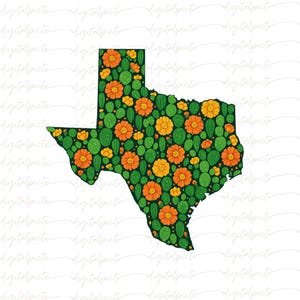 Texas State PNG with Cactus and Flowers – Bright Southwestern Clipart – Floral Desert Sublimation Design