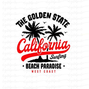 California Surfing PNG – Retro Beach Paradise-script met palmen en zonsondergang voor sublimatie, zomershirts, kustambachten